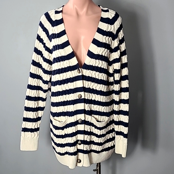 ZARA Striped Cardigan Sweater Academia Preppy Fisherman Chunky Long Club Size M - Picture 1 of 9
